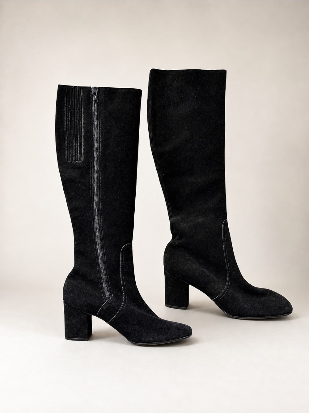 Vintage 70s Black Suede Knee High Boots Block Heel Zip Womens 6.5